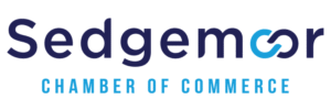 Logo for "Sedgemoor Chamber of Commerce" with the "oo" in "Sedgemoor" stylized as interlocking blue links.