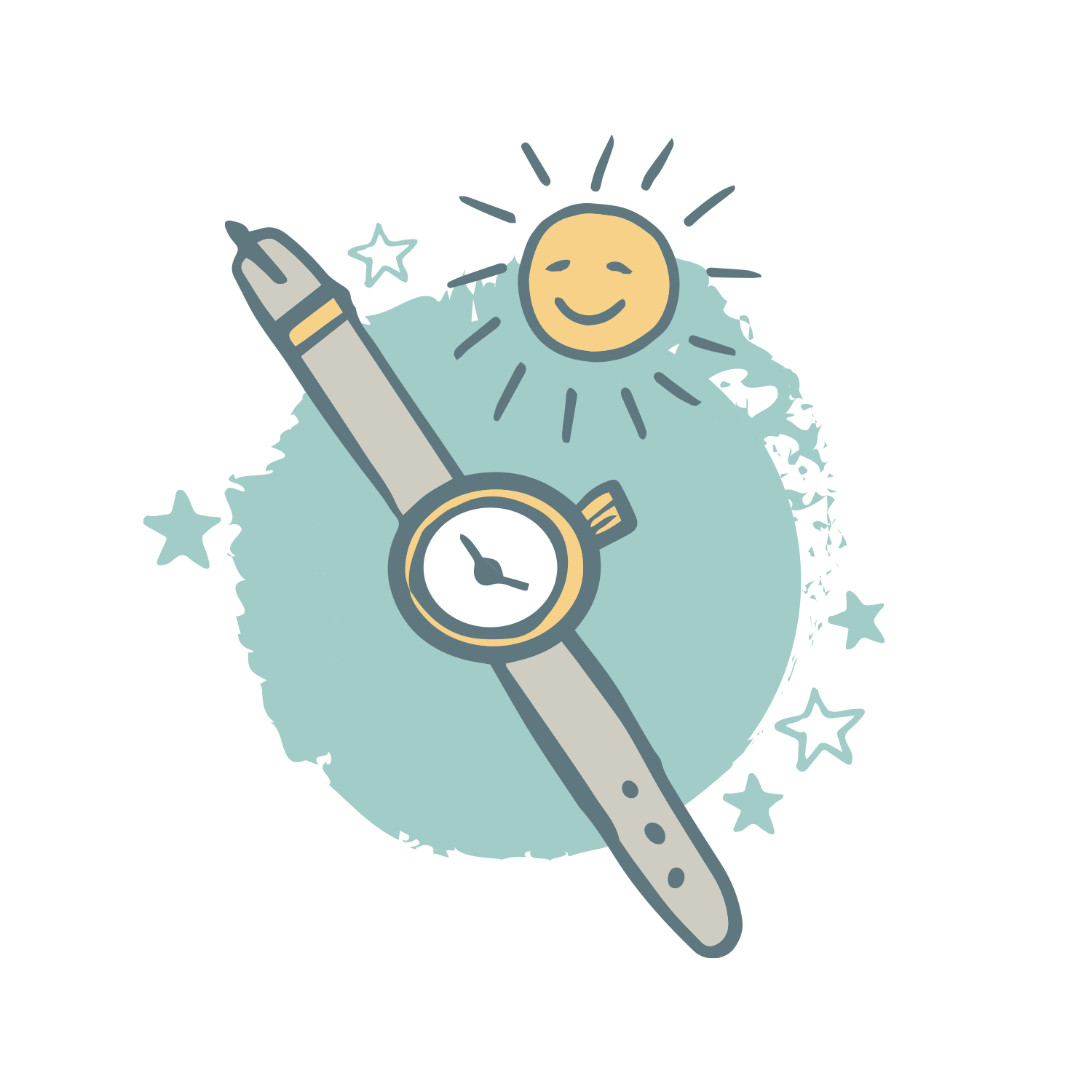 Drawn image of a watch and a smiling sunshine