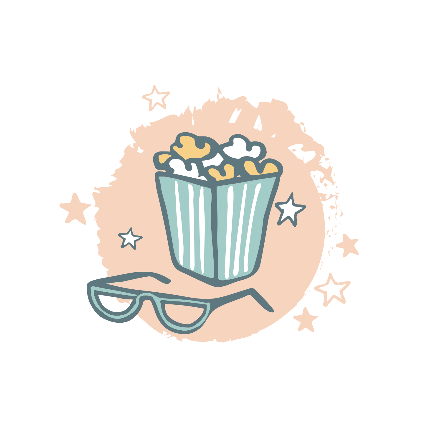 Drawn image of popcorn and glasses to bring to your viewing