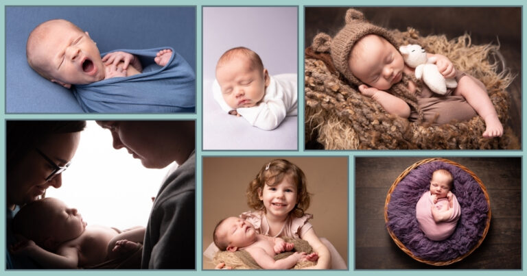Collage of baby photos: a yawning baby, a sleeping baby, a baby in a bear hat, parents with a baby, a young girl holding a baby, and a baby in a purple blanket in a basket.