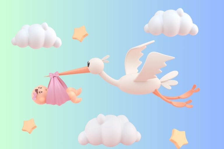 A white stork is flying with a baby in a sling.