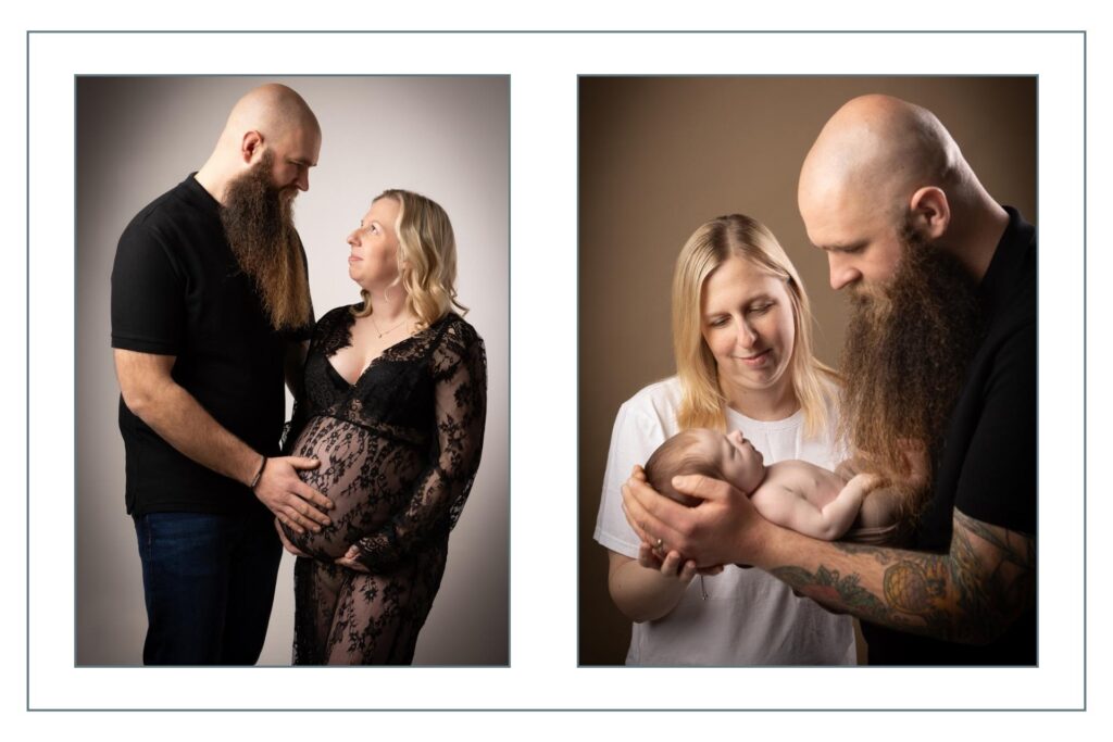 Side-by-side portraits show a couple; the left image with the woman pregnant, and the right image with them holding their newborn baby.