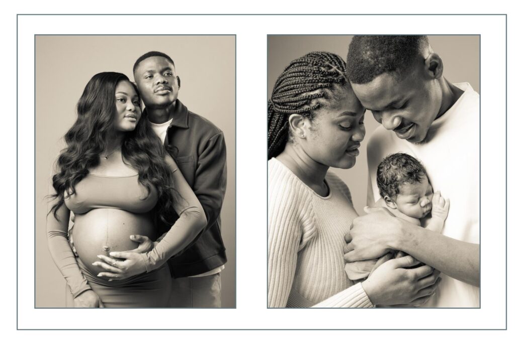 Two side-by-side portraits: on the left, a pregnant woman stands with her partner; on the right, the same couple holds their newborn baby, looking down lovingly.