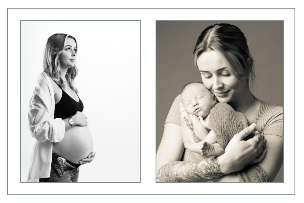 Left: A pregnant woman holds her belly. Right: The same woman smiles while holding a newborn baby wrapped in a blanket.