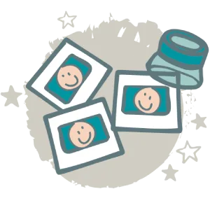 Three illustrated photos with smiley faces are scattered near a camera lens on a starry background.