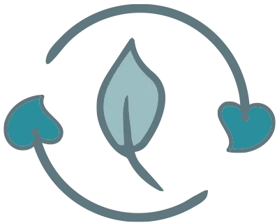 A stylised graphic of a leaf surrounded by two curved arrows forming a circle, each arrowhead shaped like a heart.