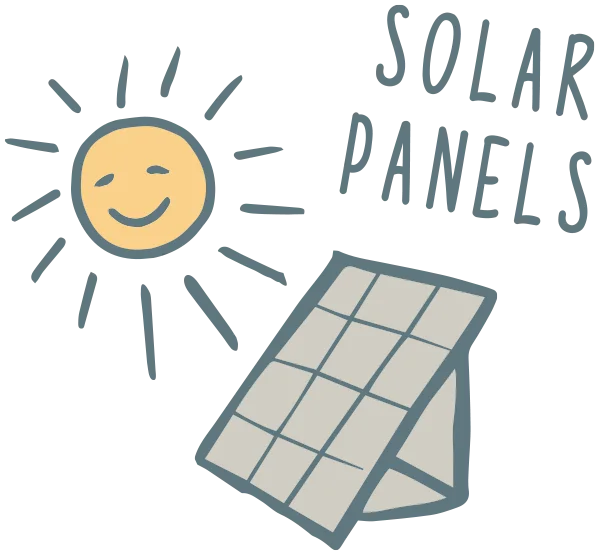 A drawing of a smiling sun and a tilted solar panel, with the words “Solar Panels” written beside them.