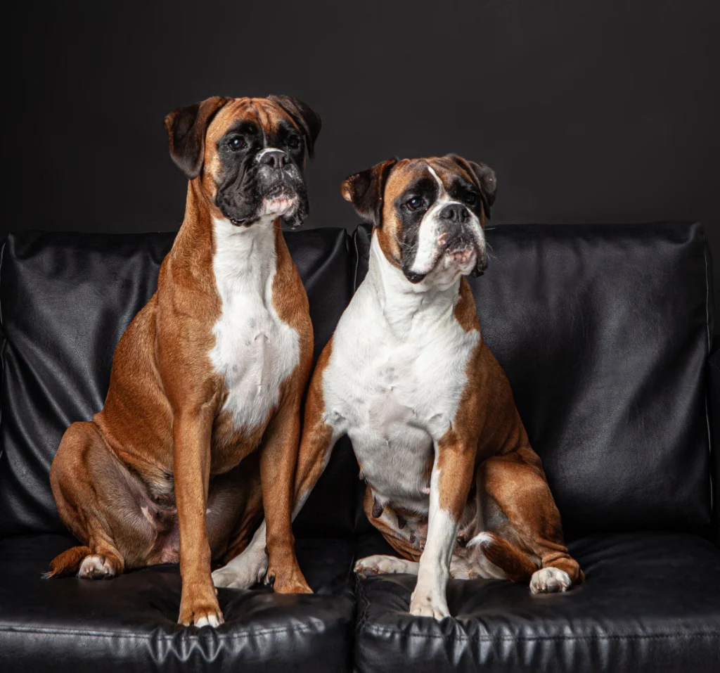 Two brown and white Boxer dogs sitting side-by-side on a black leather settee.